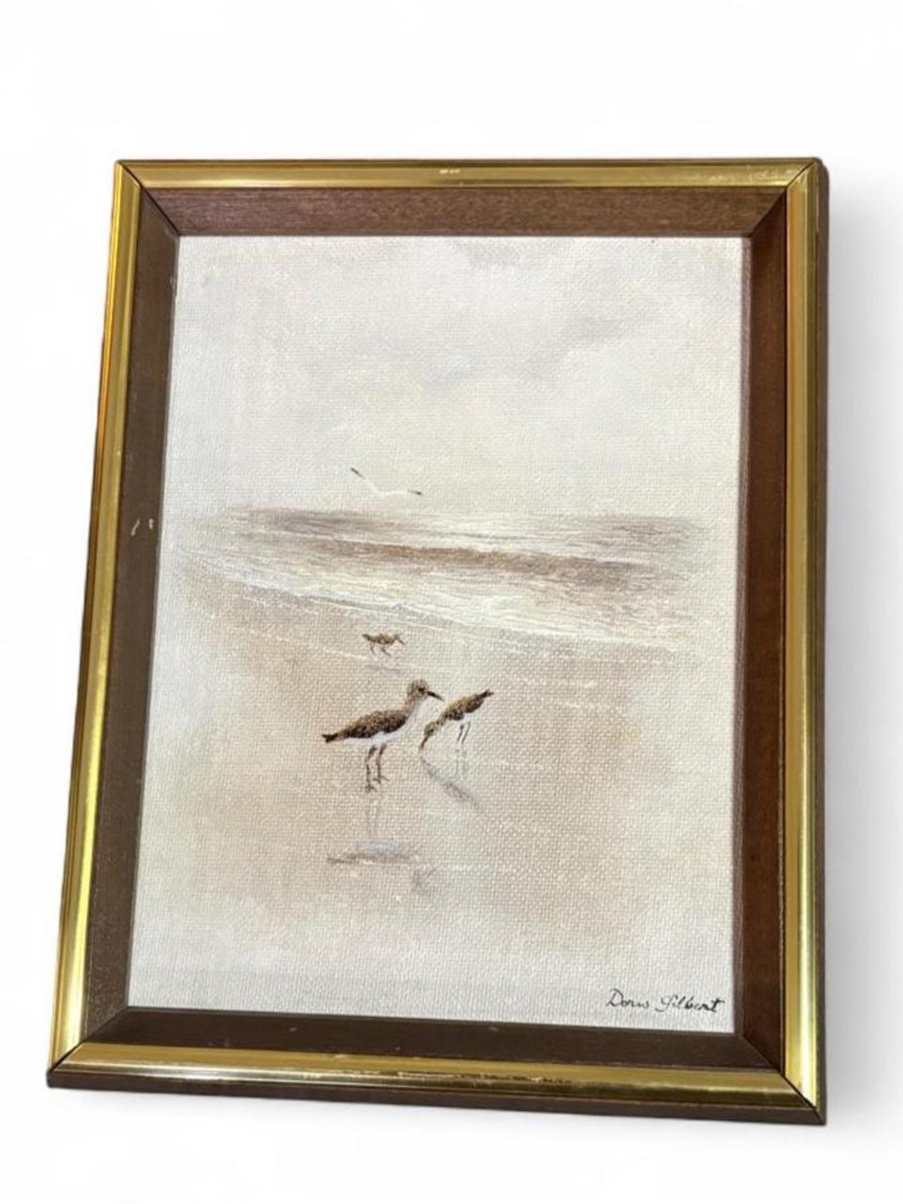 Vintage Sandpipers Oil Painting Doris Gilbert Framed Coastal Beach Shorebirds 9"